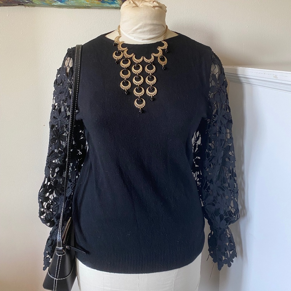 Gioni Milano Knit Crew Neck Sheer Lace Long Sleeve Pullover Sweater